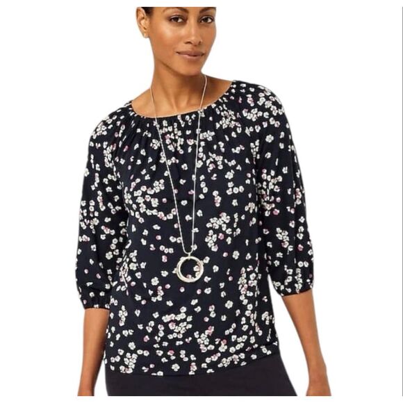 J Jill Wearever Navy Blue Floral Smocked Neck Top Women’s Sz Medium Jersey Knit - Picture 2 of 6